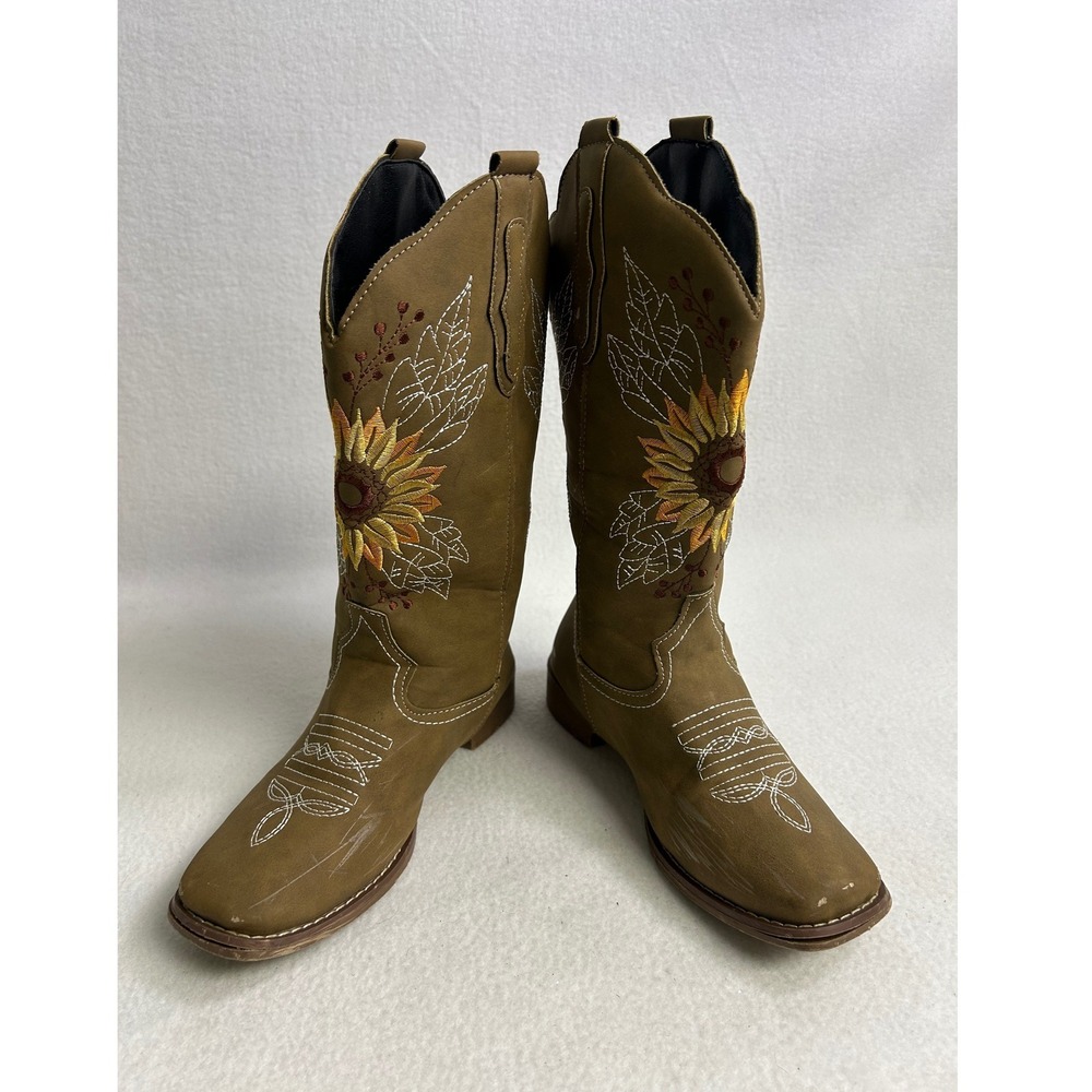 Boho Country Womens 38 Brown Sunflower Embroidered Western Boots